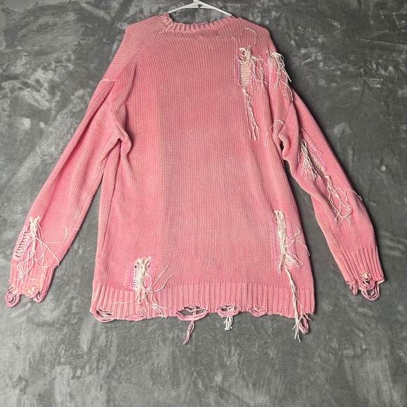 ELFRIC EDEN Pink Distressed Knit Sweater Oversized Shredded Boho Size Large - Picture 6 of 6